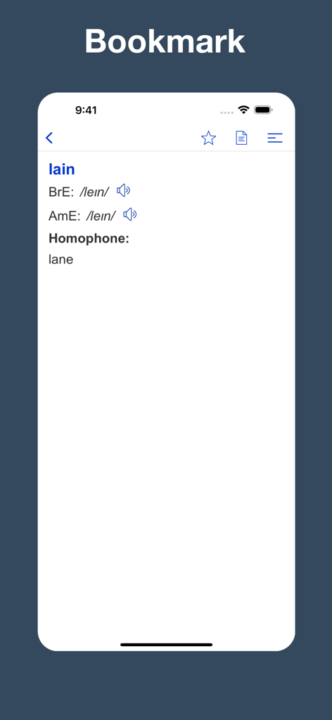 Interface of the Homophone Dictionary app showing the word lain and its homophone lane with a bookmark option.