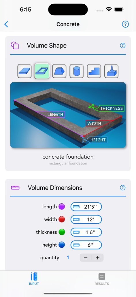 Construction Calc Pro 2 - Interface of the Construction Calc Pro 2 app showing a concrete foundation volume calculator with a 3D diagram and dimension inputs.