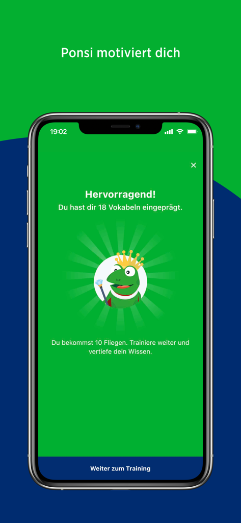 Erfolgsbildschirm in der PONS Vokabeltrainer-App mit dem Froschmaskottchen Ponsi, das dem Benutzer für das Auswendiglernen von Wörtern belohnt.