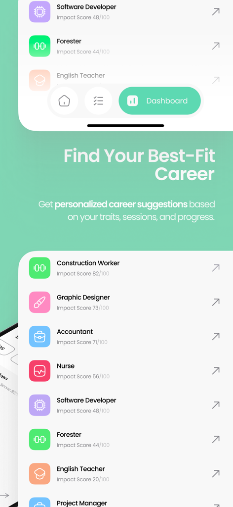 New Me: AI for Self-Awareness - A screen in the New Me app showing personalized career suggestions and impact scores based on user traits and progress.