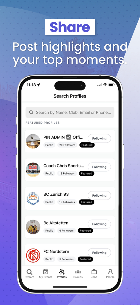 The search profiles screen of PIN Sport App displaying featured athlete and club profiles like FC Nordstern and BC Zurich