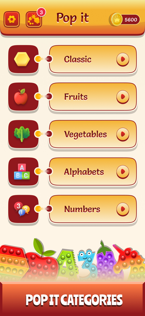 Popit - Just Do it! - Main menu of the Pop it game showing different category options like Fruits, Vegetables, Alphabets, and Numbers