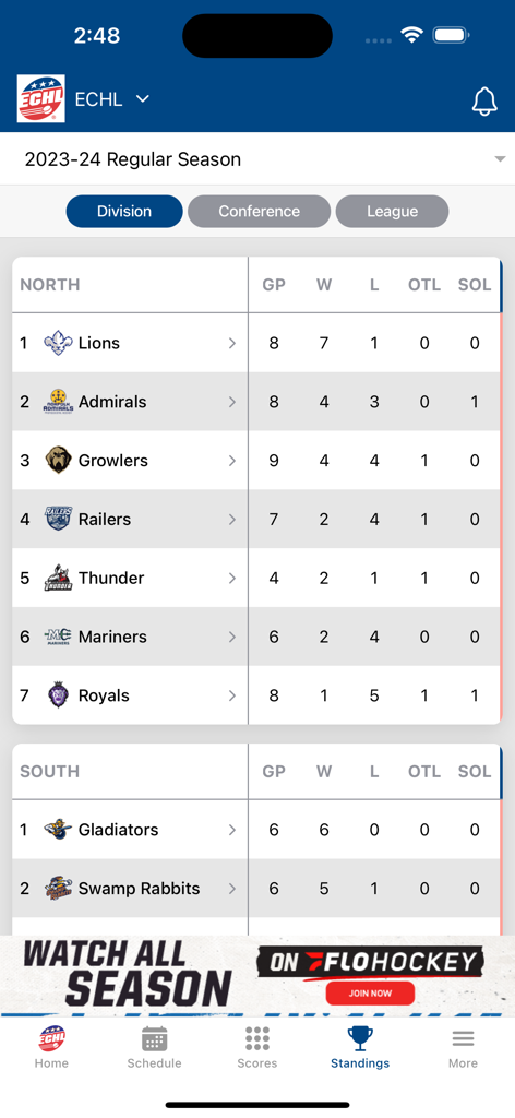 The ECHL app standings page displaying team rankings for the North and South divisions