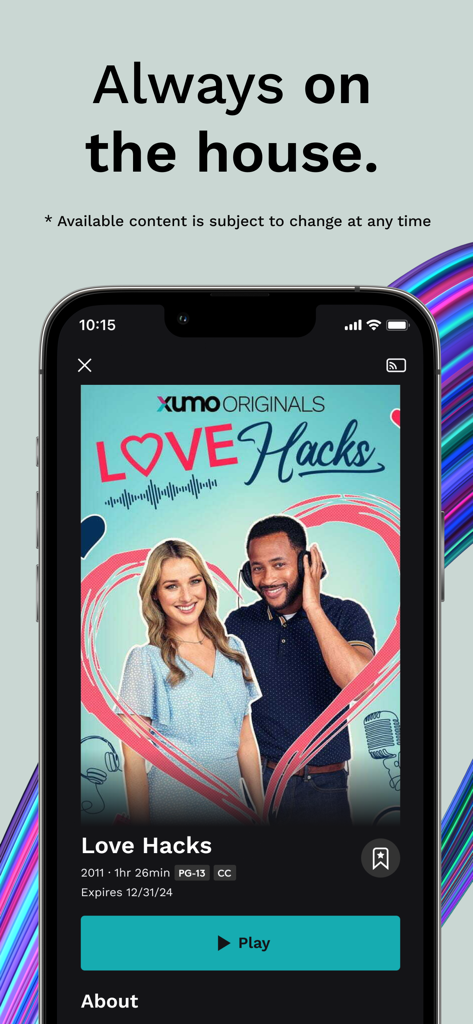 Xumo Play app screen showing a free movie titled Love Hacks with a play button