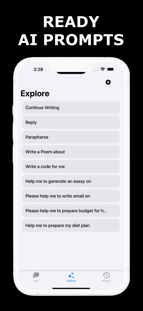 AI Chat Assistant : AIChat - AIChat mobile app interface displaying a variety of ready to use AI prompts for writing and productivity tasks.
