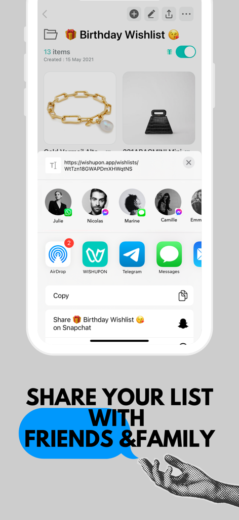 WISHUPON - Shopping Wishlist - Mobile interface showing options to share a birthday wishlist with friends and family