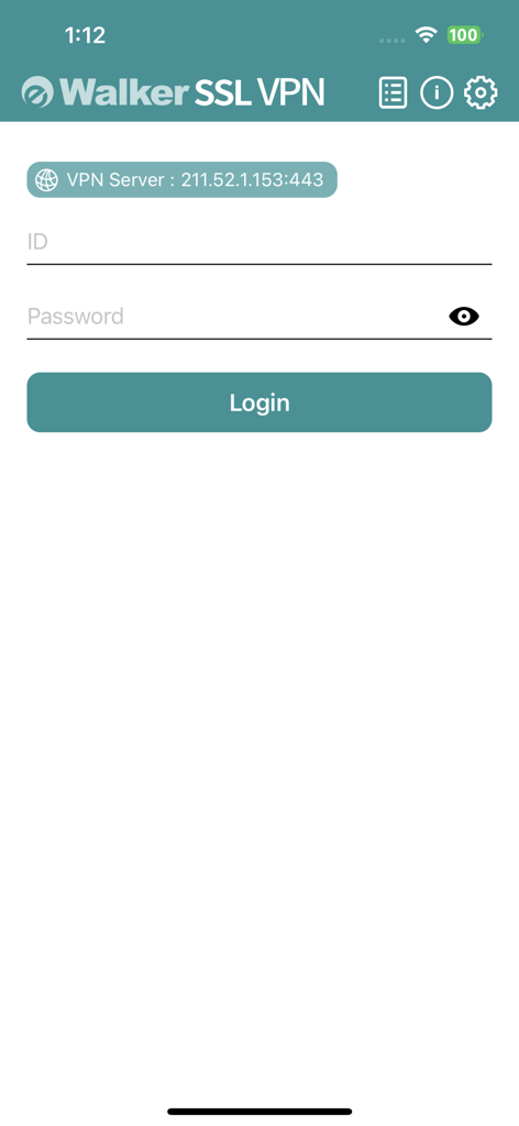 eWalker SSL VPN - Login interface for the eWalker SSL VPN mobile app featuring ID and password input fields for secure enterprise access