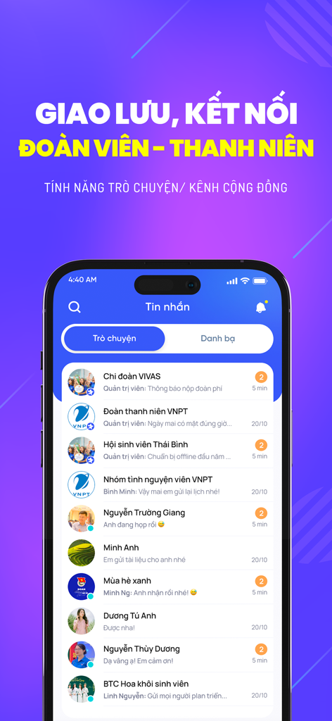 Thanh niên Việt Nam - Interface de messagerie et de chat communautaire de l'application Thanh nien Viet Nam pour connecter la jeunesse vietnamienne.