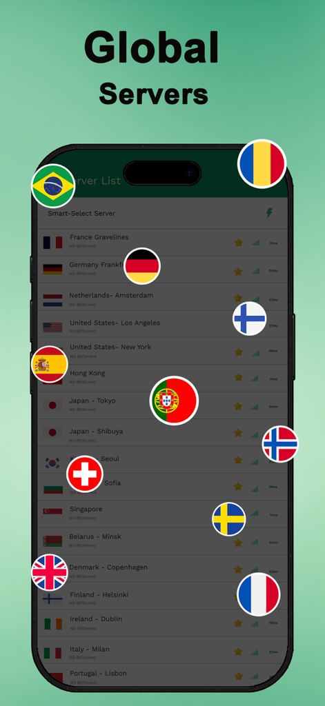 Pantalla móvil mostrando la lista de servidores globales de PandaVPN con varias banderas de países que representan puntos de conexión internacionales