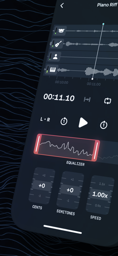Pantalla de la aplicación BlueNote que muestra el aislamiento de voz e instrumentos con controles de velocidad y tono