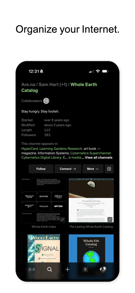 Interfaz de la aplicación Are.na que muestra contenido organizado en un canal curado llamado Whole Earth Catalog.