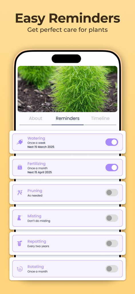 Plantora- Plant Identify, Care - Interface of the Plantora app showing a list of personalized plant care reminders for watering and fertilizing