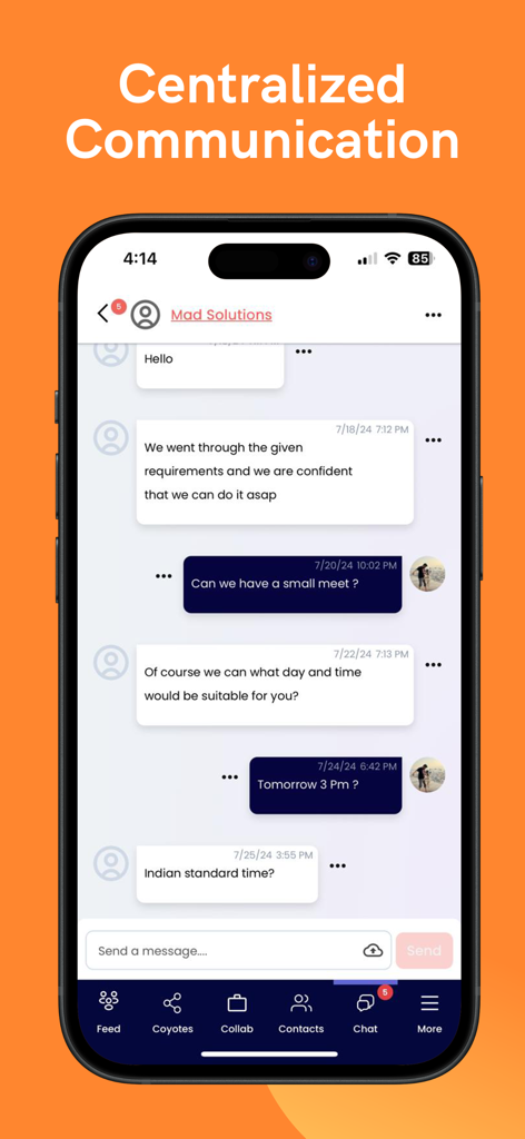 Feedcoyote: Freelance & Earn - Screenshot of Feedcoyote app showing a professional chat interface for freelance project collaboration and client communication