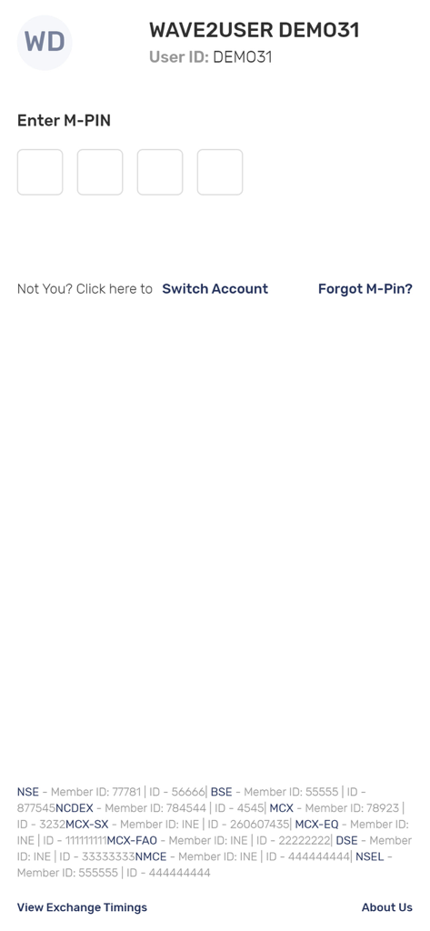 Inventure Growth & Securities - Inventure Growth and Securities mobile app login screen with M-PIN input and exchange membership info