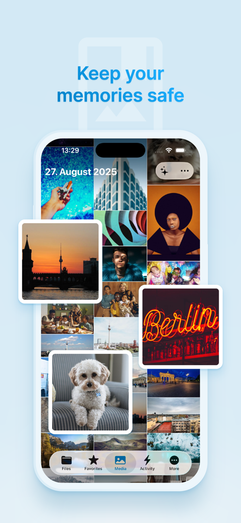 Nextcloud mobile app interface showing a grid of stored photos with the heading Keep your memories safe