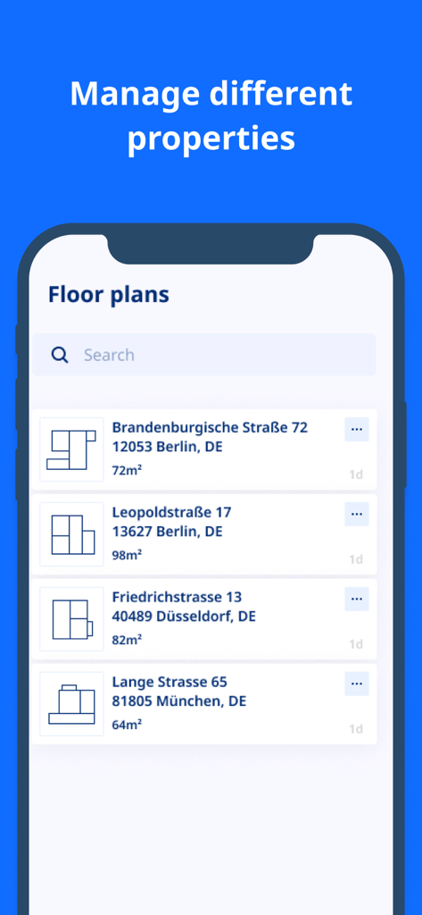 Interface showing a list of floor plans for different real estate properties