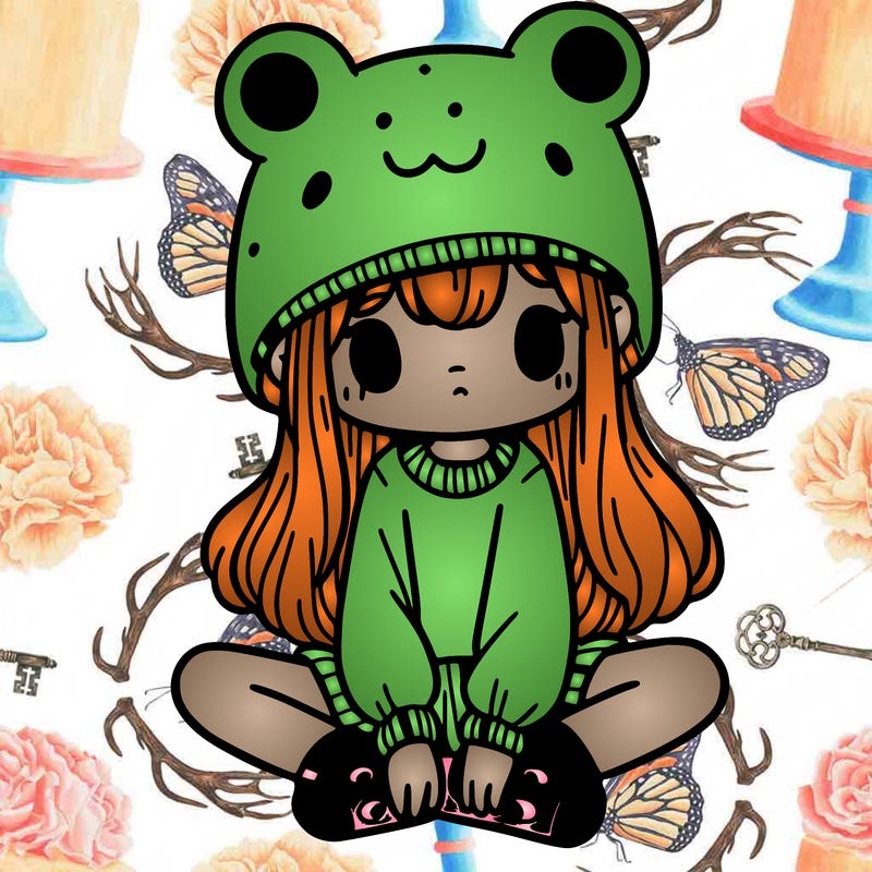 a girl wearing a frog hat and some frog socks