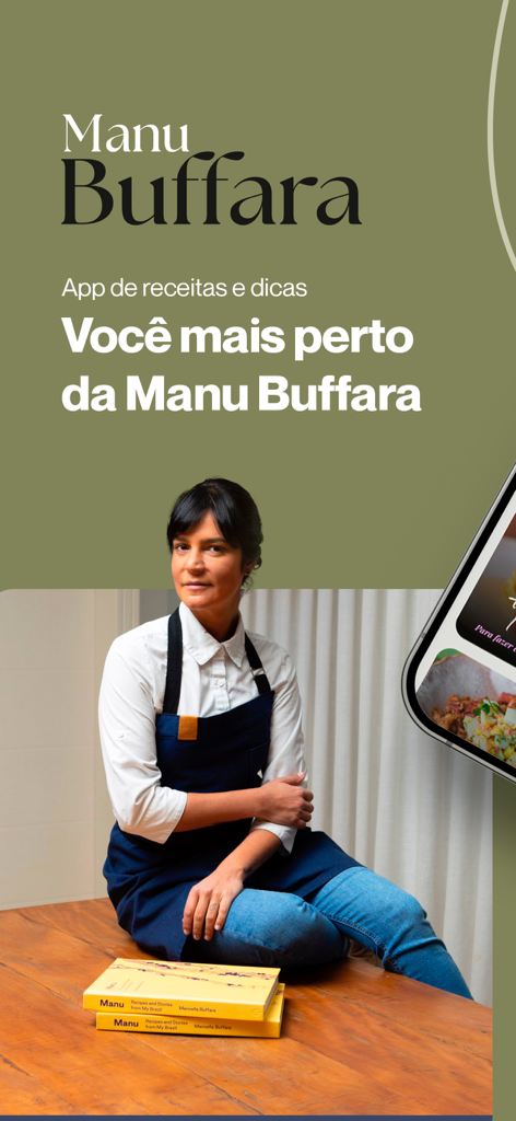 Manu Buffara - Chef Manu Buffara posing with books for her culinary recipes and tips application