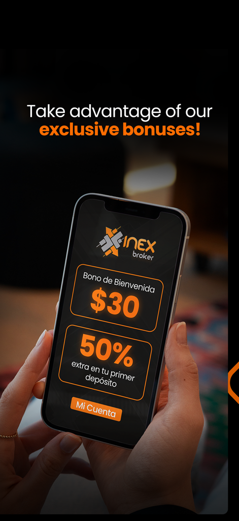Inex cTrader: Forex & Trading - A smartphone displaying Inex Broker exclusive trading bonuses including a thirty dollar welcome bonus and fifty percent first deposit bonus
