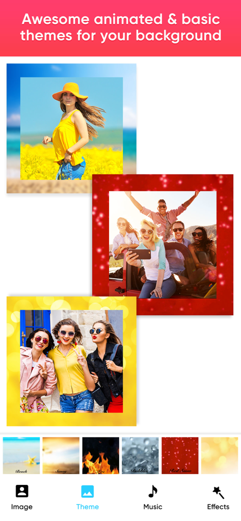 MakeMyMovie-Movie maker - MakeMyMovie app screen showing animated and basic background themes for creating photo slideshows.