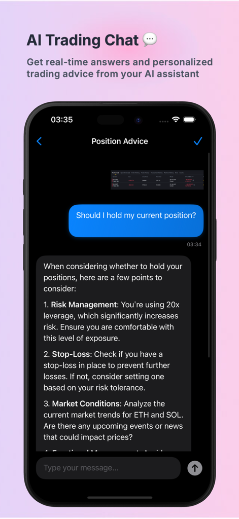 AI Trade Advisor - AI Trading Chat interface providing personalized advice and risk management tips for a trading position