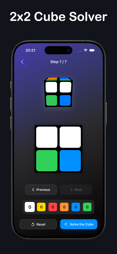 Cube Solver for Rubiks 3x3 2x2 - Mobile app interface showing the final step for solving a 2x2 Rubiks cube with 3D animation