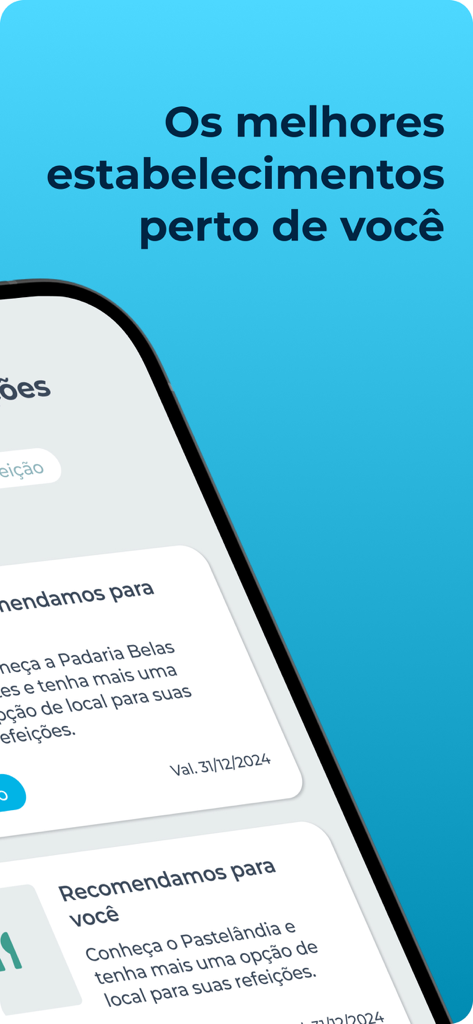 Interfaz de la aplicación Caixa Refeicao mostrando establecimientos de comida locales recomendados.