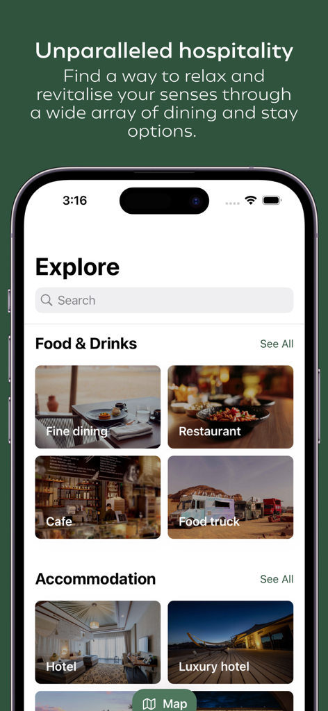 Experience AlUla - Mobile app interface showing dining and luxury hotel options in AlUla