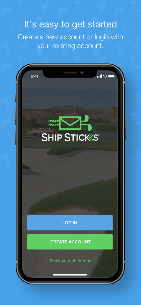 Ship Sticks - Ship Sticks mobile app login and sign up screen featuring a golf course background
