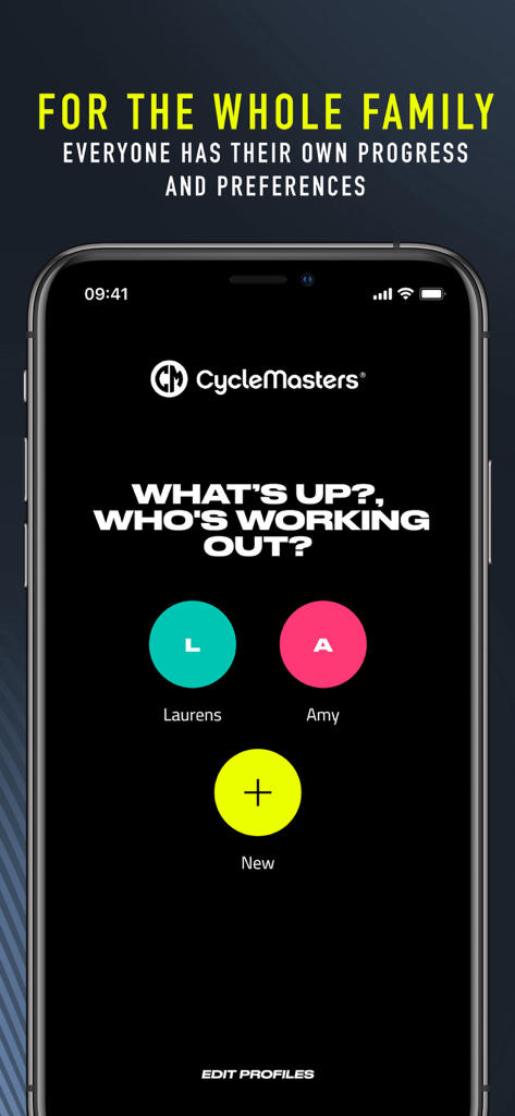 CycleMasters app profile selection screen showing separate family member profiles for personalized progress tracking.