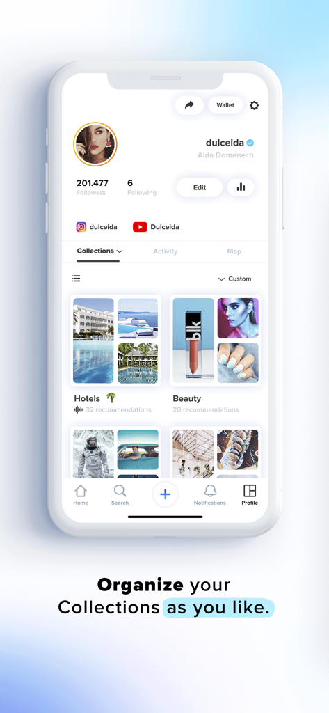 A user profile on the Peoople app displaying organized collections for hotels and beauty