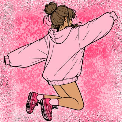 realistic girl jumping with a bun and oversized sweatshirt