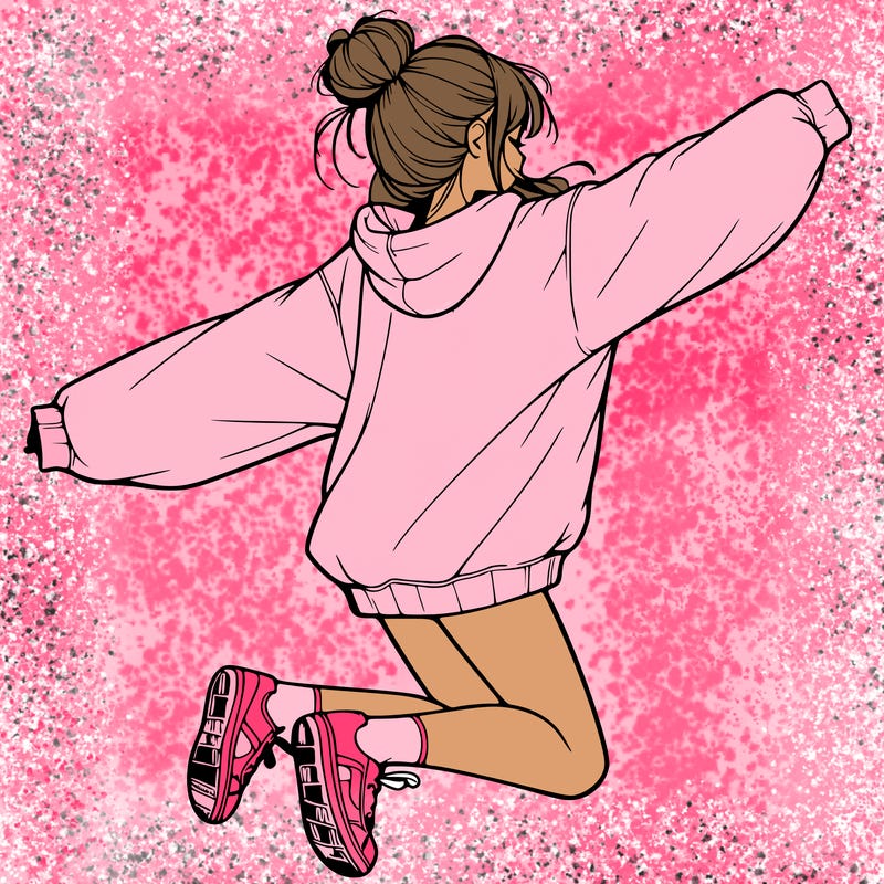 realistic girl jumping with a bun and oversized sweatshirt