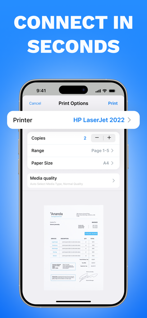 Smart Printer - Scanner PDF - Interfaz de opciones de impresión de Smart Printer en iPhone mostrando configuraciones para una factura