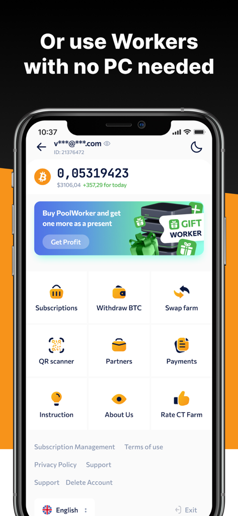 Interfaccia dell'app mobile CT Farm su uno smartphone che mostra il saldo Bitcoin e una dashboard con opzioni per la gestione dei worker di mining crypto e dei prelievi.