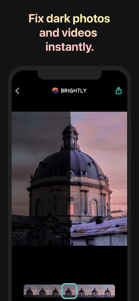 A before and after comparison showing a dark architectural photo being brightened with the Brightly app