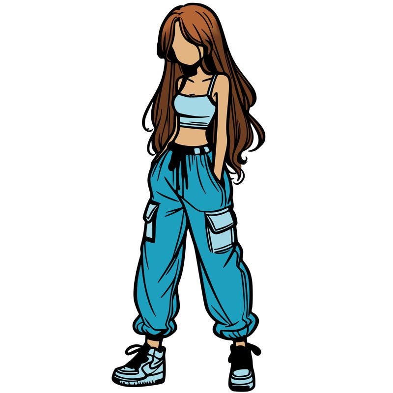 girl in baggy pants crop top and long hair