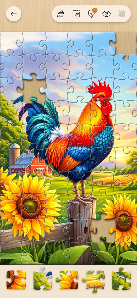 Jigsawscapes® - Jigsaw Puzzles - Puzzle digitale a incastro raffigurante un vibrante gallo e girasoli in una fattoria