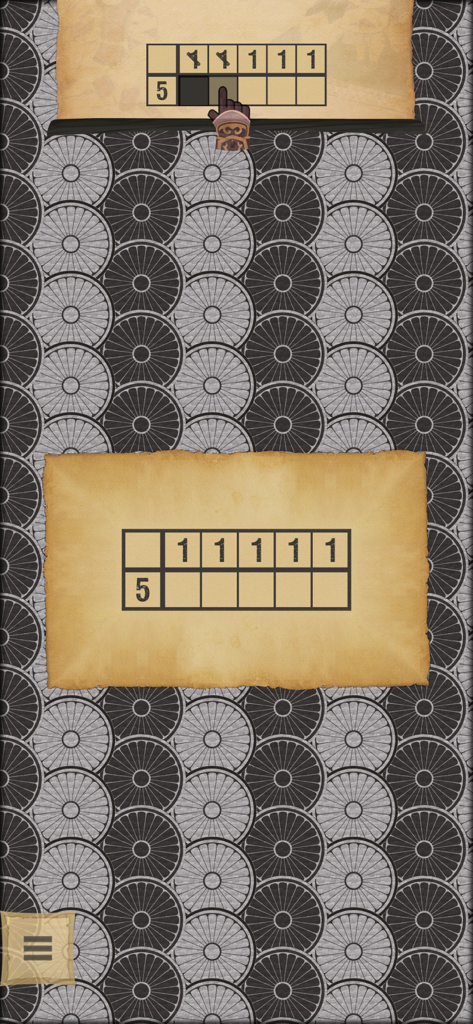 Schermata tutorial per l'app Nonograms CrossMe che mostra una mano che dimostra come riempire una griglia logica su uno sfondo di carta pergamena.