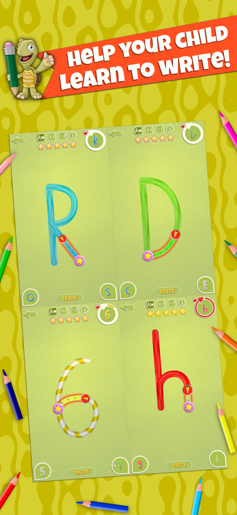 LetraKid PRO: Kids Writing ABC - Captura de pantalla de la aplicación LetraKid PRO que muestra el trazado guiado de letras y números.