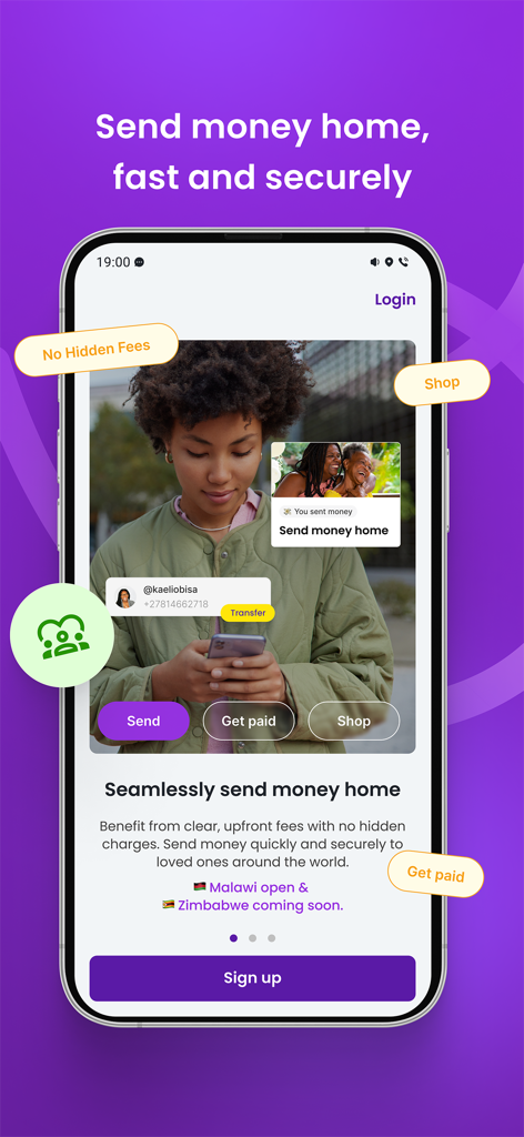 Zeam mobile app interface showing features to send money home securely with no hidden fees