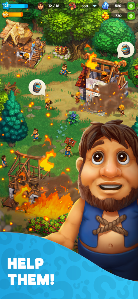 A caveman character asking for help as villagers extinguish fires in a Stone Age settlement.