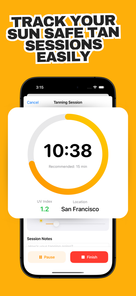 Interface of the Sunglow Tanning App showing a countdown timer for a sun tanning session and UV index monitoring
