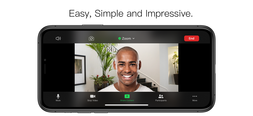 プロフェッショナルなバーチャル背景を使用したZoomビデオ通話を示すスマートフォン