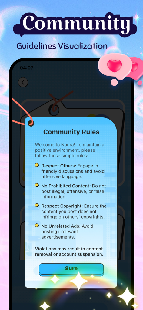 Noura - Share & Fun - A mobile screen showing the community rules and guidelines popup in the Noura app