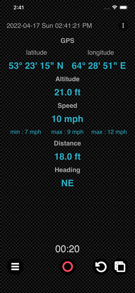 Interface do GPS Logger Plus mostrando coordenadas em tempo real, altitude, velocidade e direção
