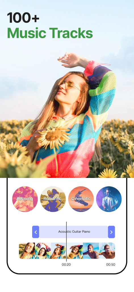 SpeedPro Slow speed video edit - SpeedPro app interface showing a music library with over 100 tracks and genres like Relaxing and Cinematic for video editing