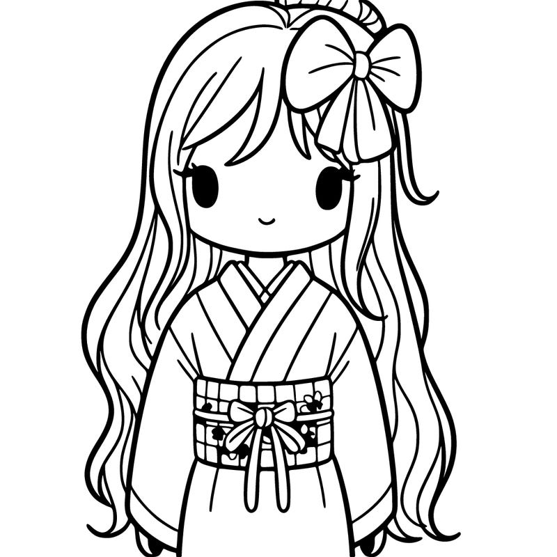 girl in a kimono with long hair and a bow in her hair