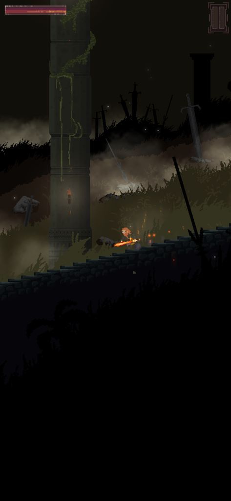 Dungeons & Miners - A pixel art adventurer with a glowing sword exploring a dark foggy dungeon with ancient pillars and scattered swords