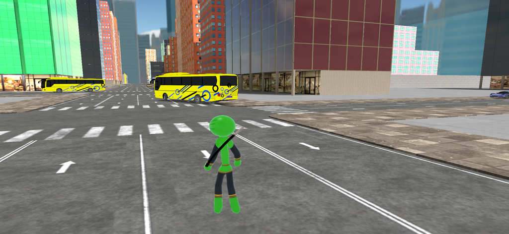 Herói stickman verde em pé em uma rua da cidade com ônibus amarelos